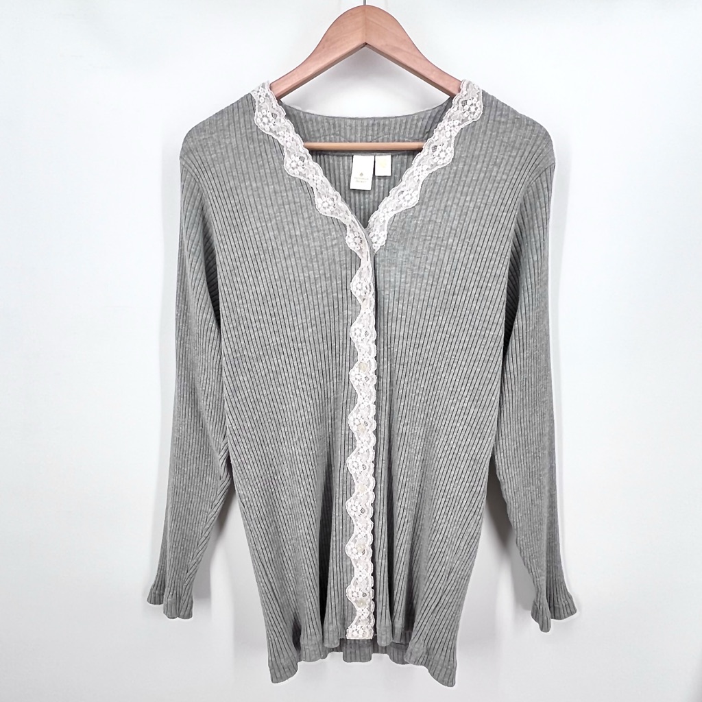 Victorias Secret Y2k Button Front Long Sleeve Cardigan Top Sz L Gray Lace Trim